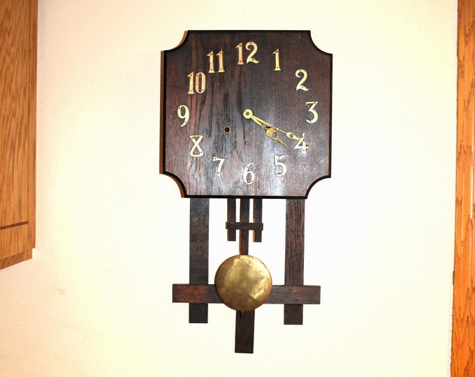 Antique National Wood Wall Clock with Brass Pendulum Arts and Crafts Style