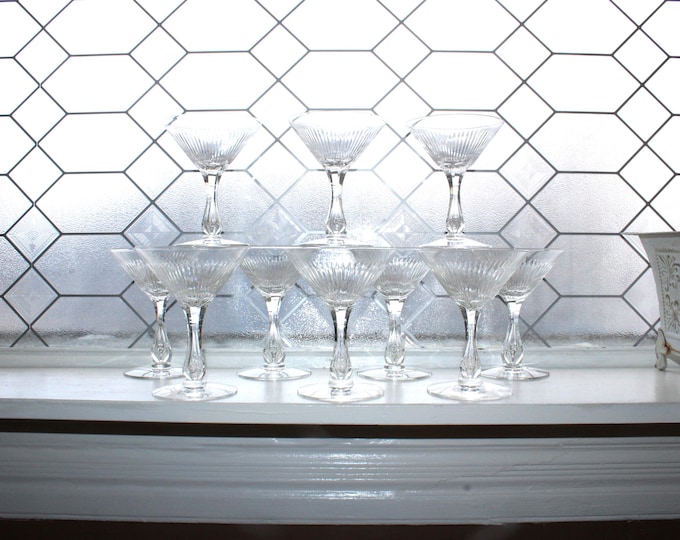 10 Vintage Art Deco Seneca Champagne Glasses Cut Rays w/ Faceted Bubble Stem