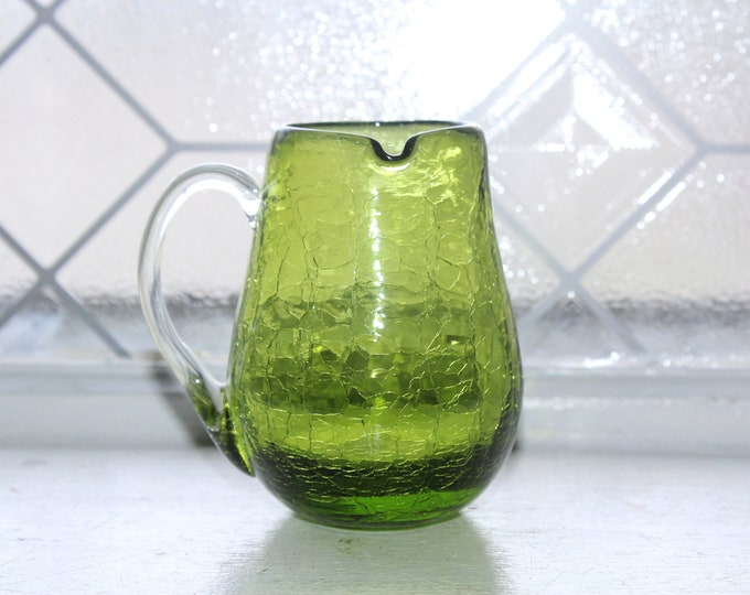 Vintage Green Crackle Glass Pitcher Mid Century Decor