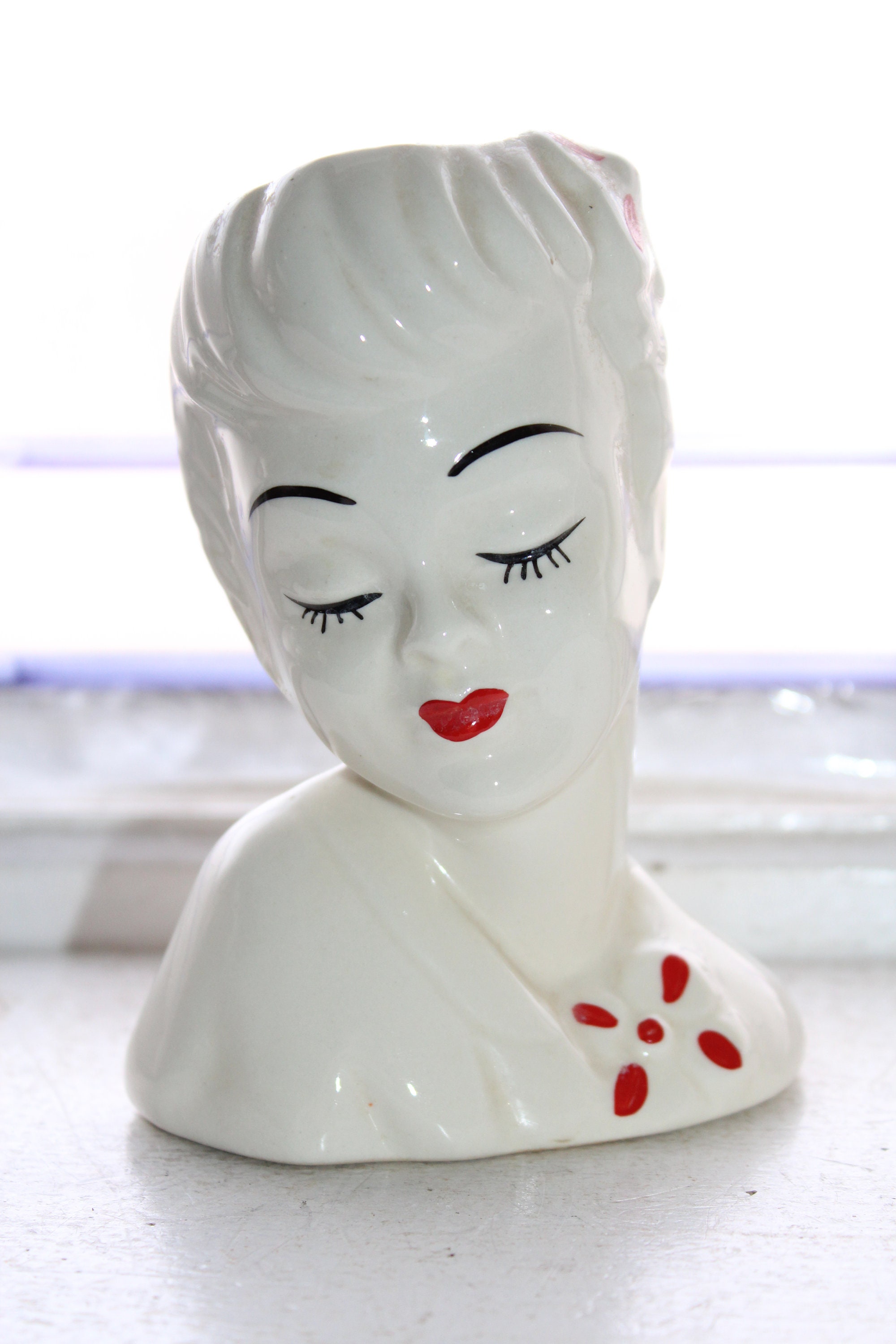 Vintage Lady Head Vase Red and White