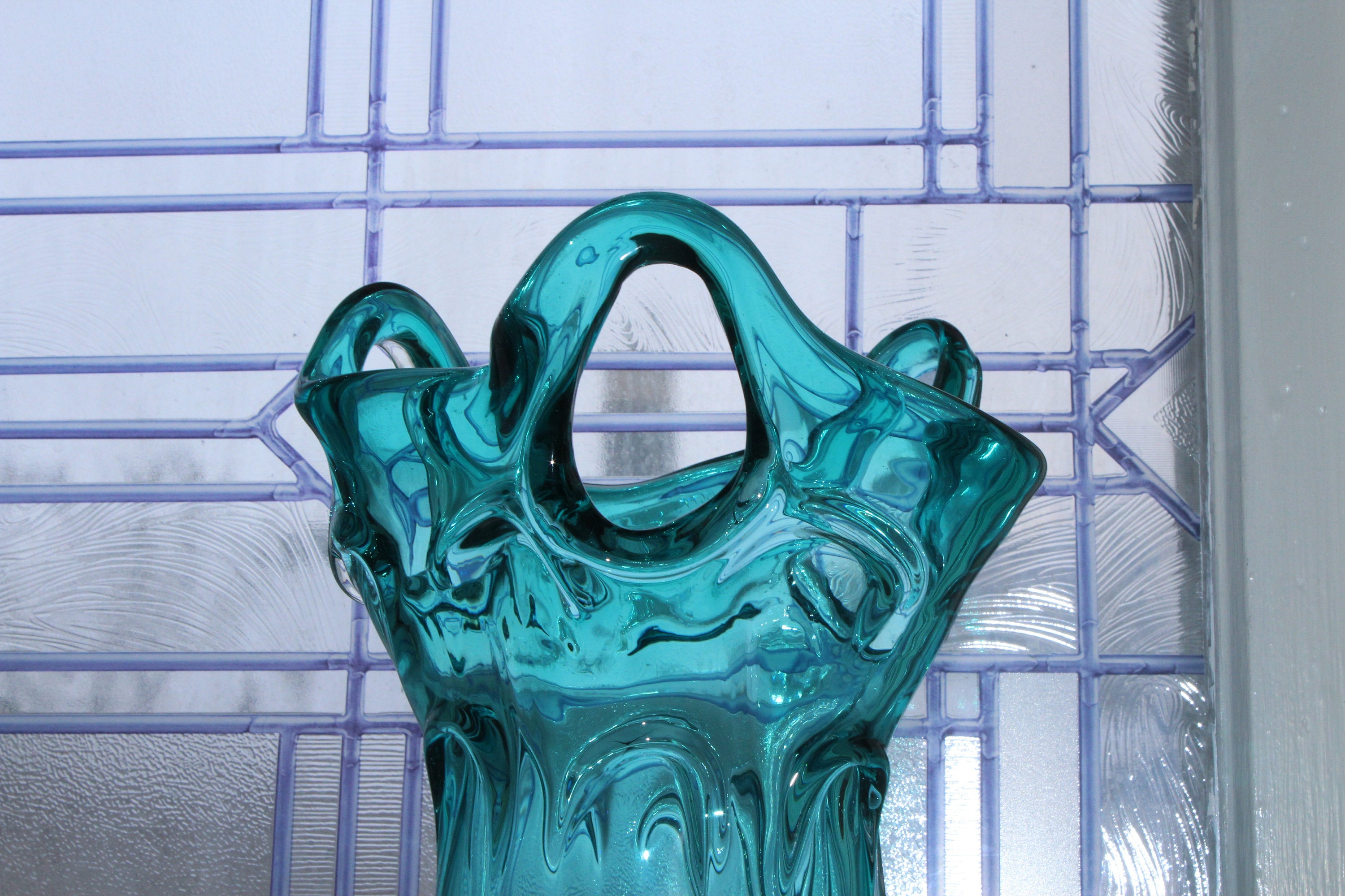 Large Vintage Teal Glass Vase Free Form Openwork 13