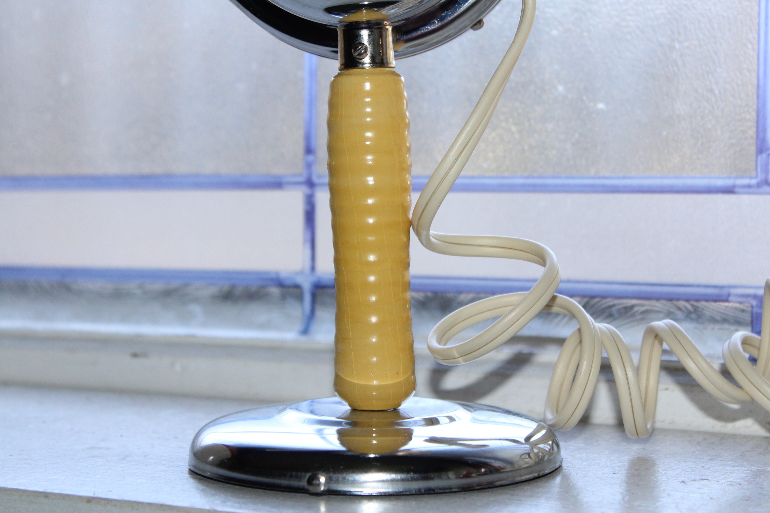 Vintage Blow Dryer & Stand Chic Chrome Yellow Wooden Handle