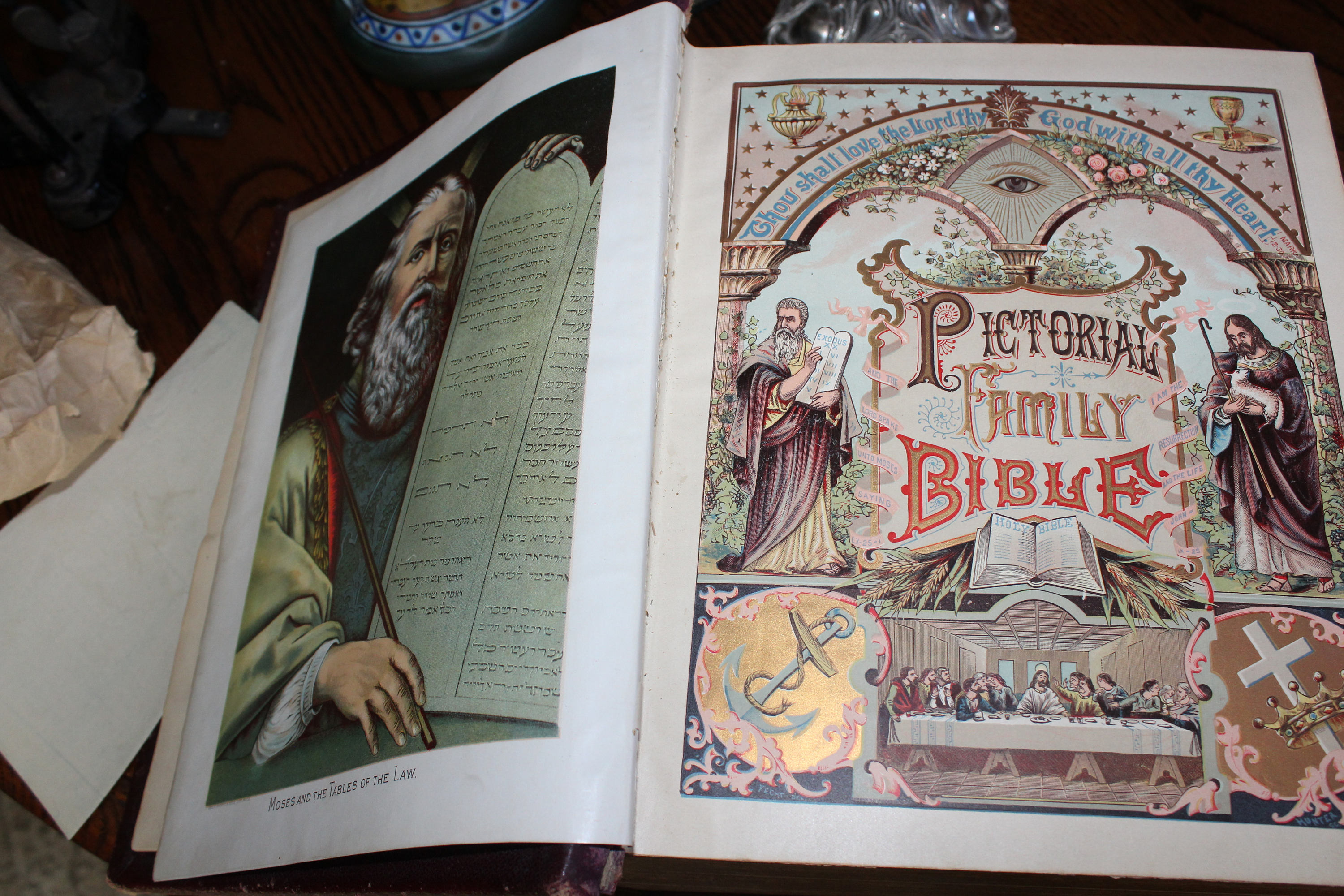 Large Antique Bible 1892 Illustrated Pictorial Parallel Leather Cover