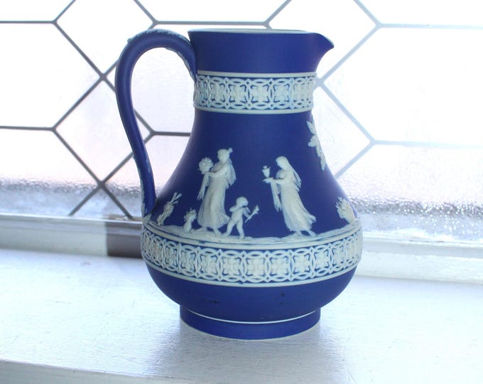 Antique Wedgwood Pitcher Cobalt Blue Neoclassical Lattice Jasperware