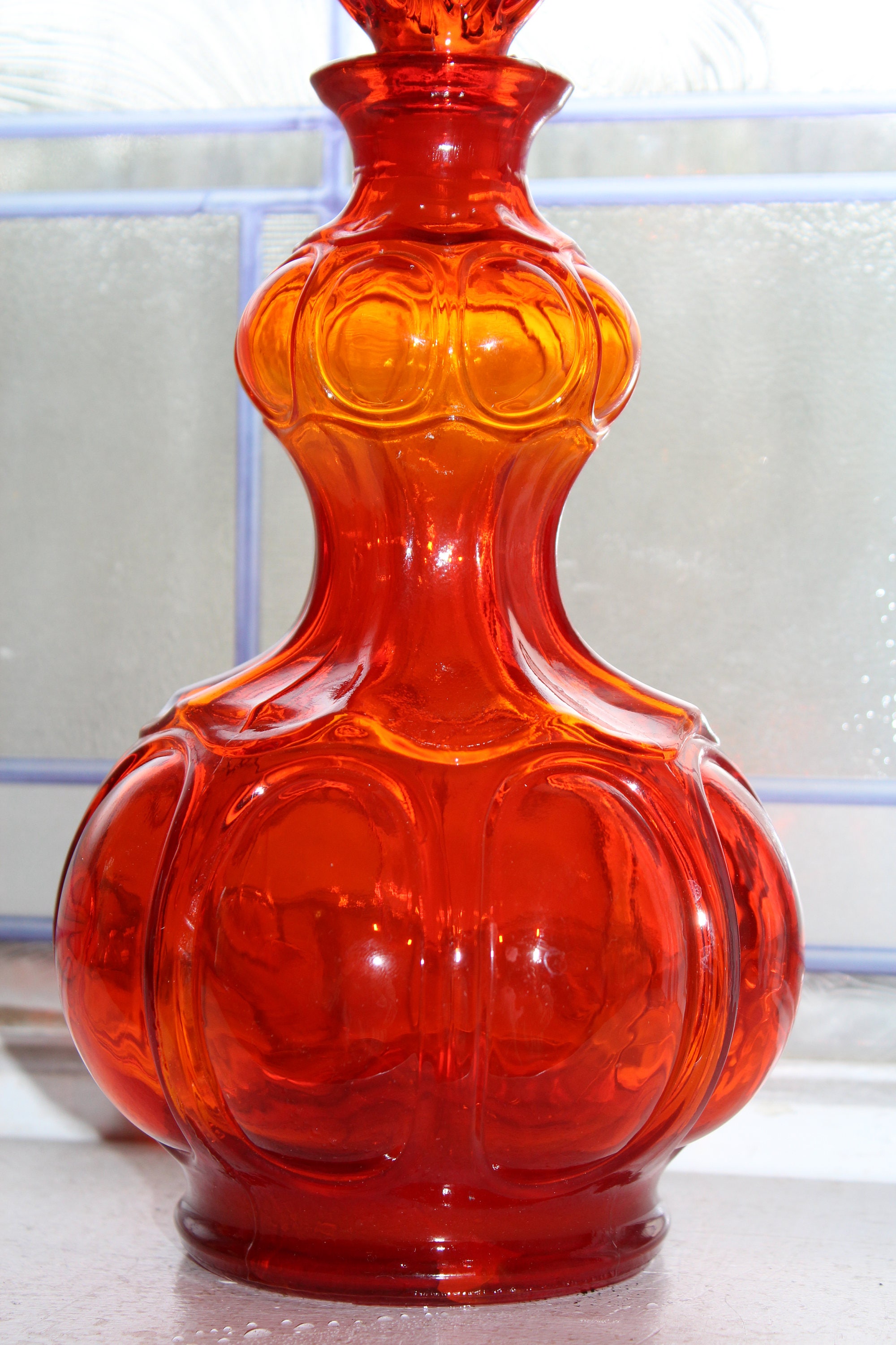 Large Amberina Orange Glass Genie Bottle Vintage 1960s Retro Decor