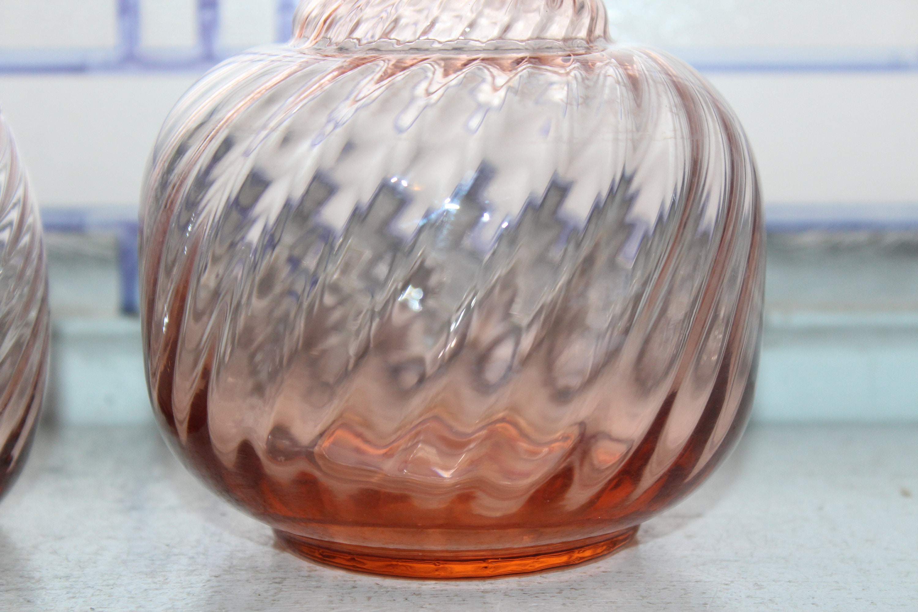 Vintage Pink Depression Glass 1930s Swirl Tumble Up Carafe & Tumbler