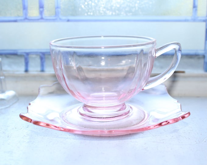 Pink Depression Glass Cup and Saucer Vintage 1930s