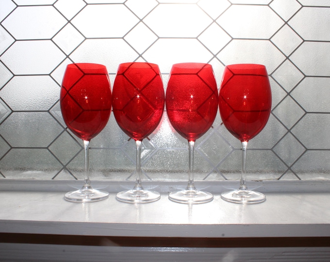 4 Vintage Holiday Ruby Red Oversized Wine Glasses 9 1/4"