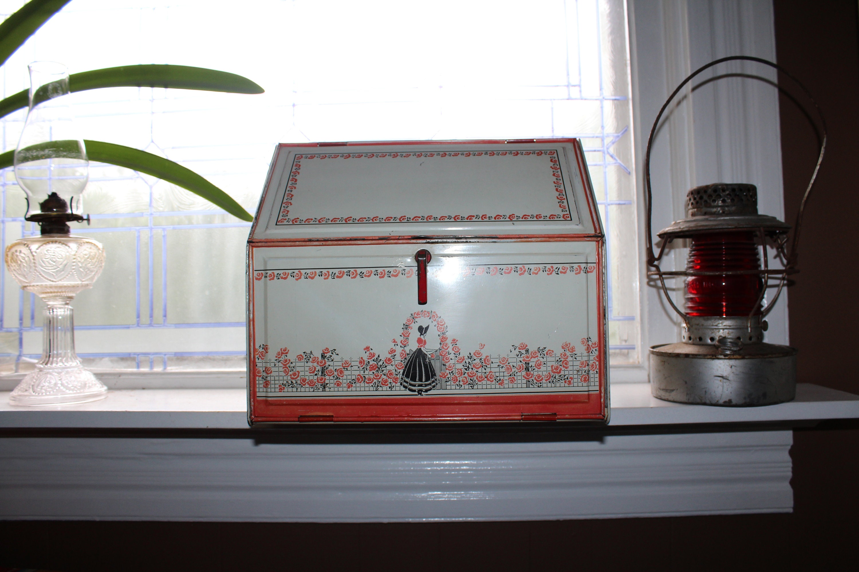 Vintage Tin Bread Box Red & White with Southern Belle Girl In Garden