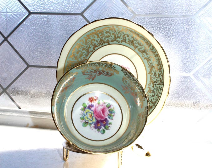 Vintage Paragon Bone China Tea Cup and Saucer Pink Roses with Gold Lace on Blue