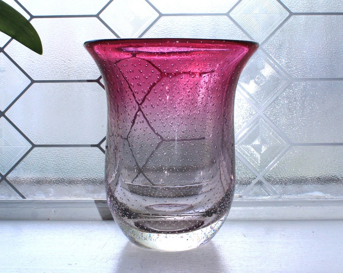 Large Vintage Murano Bullicante Glass Vase Controlled Bubbles Pink Shading To Clear