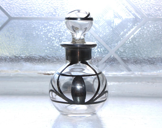 Antique Art Deco Glass Perfume Bottle with Silver Overlay