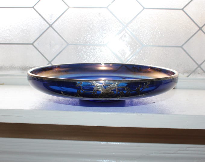 Rockwell Cobalt Blue Glass Bowl Iridescent Interior & Silver Overlay Parrots