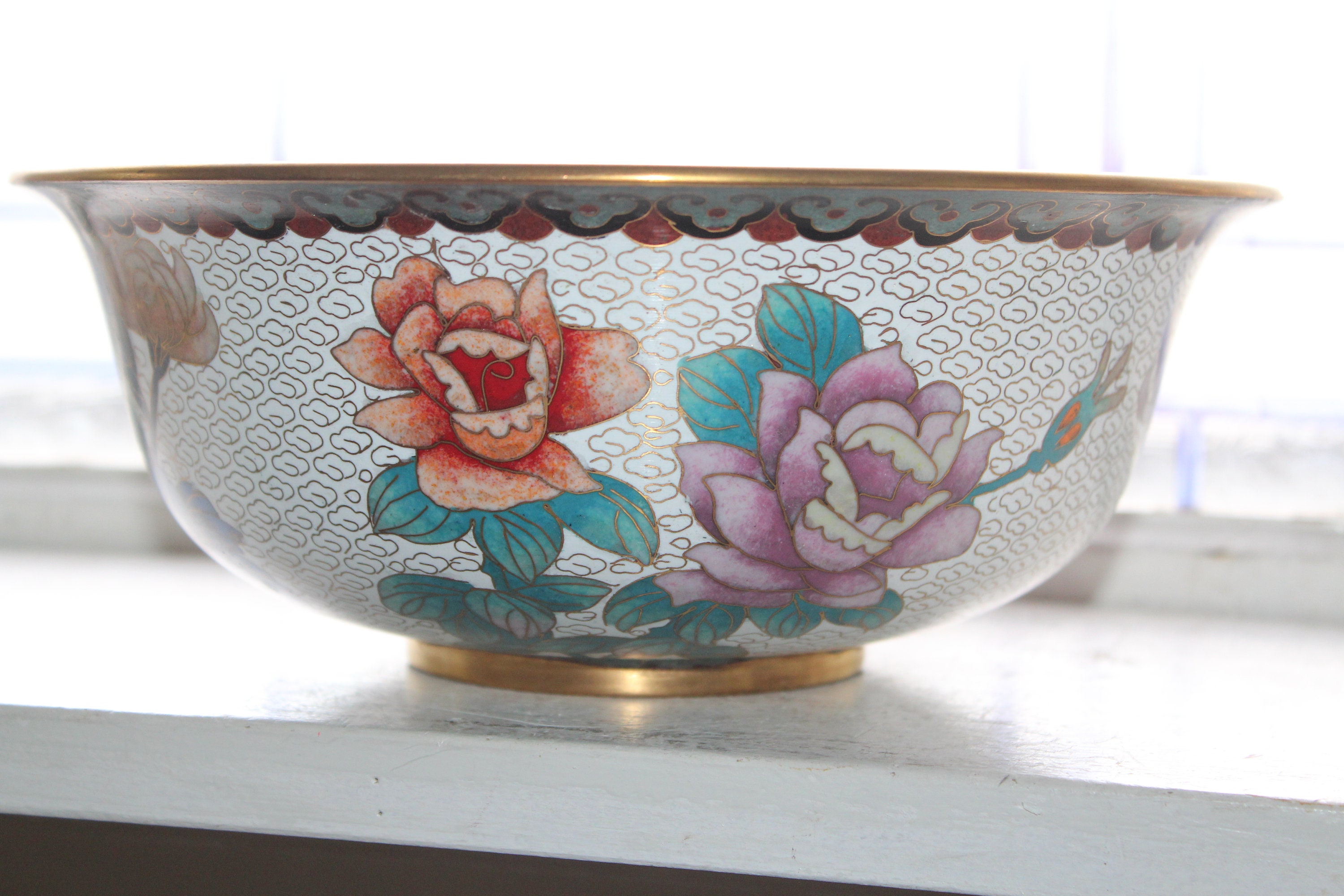 Large Vintage Chinese Cloisonne Bowl Butterflies and Flowers