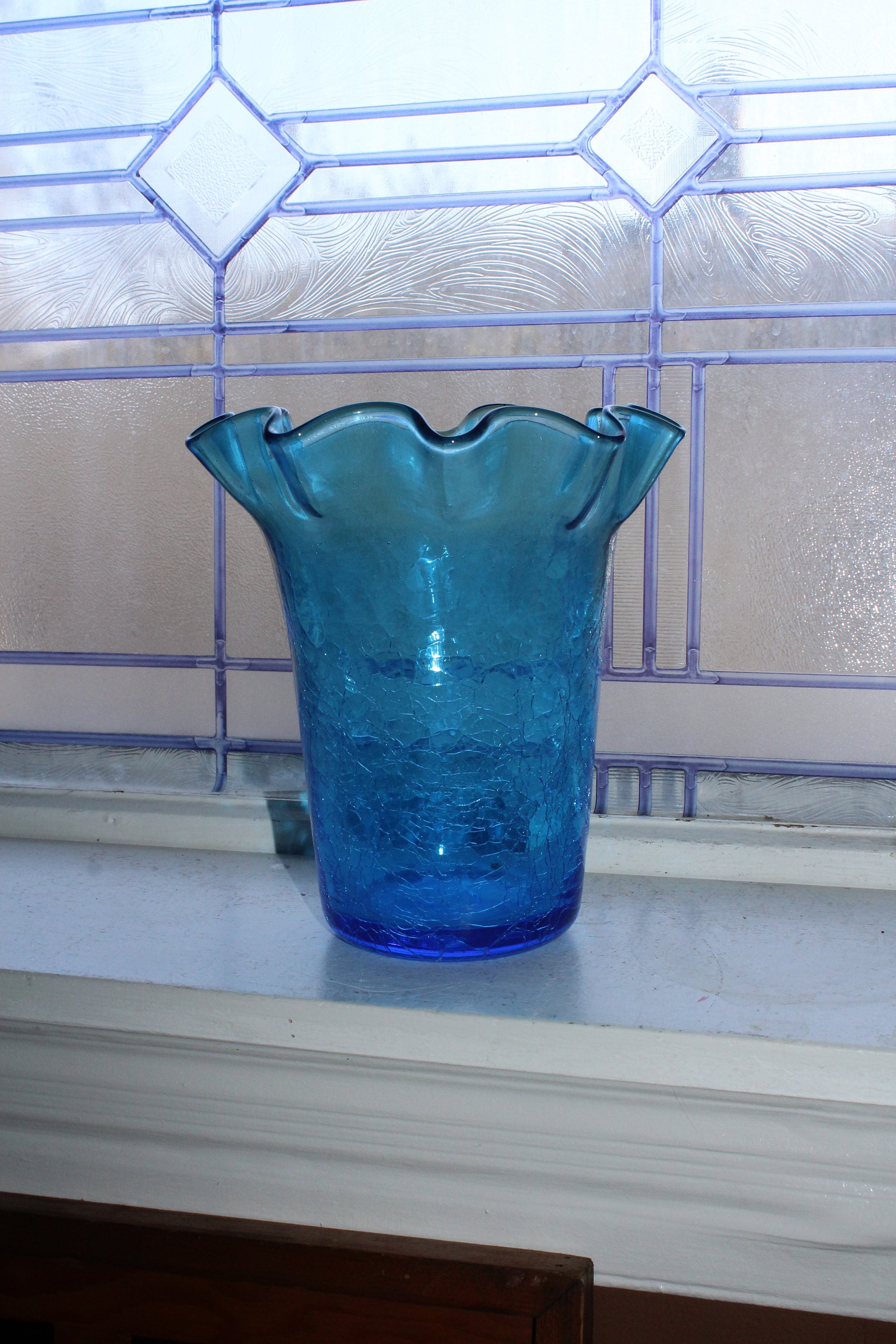 Large Mid Century Blenko Blue Crackle Glass Vase with Ruffled Rim