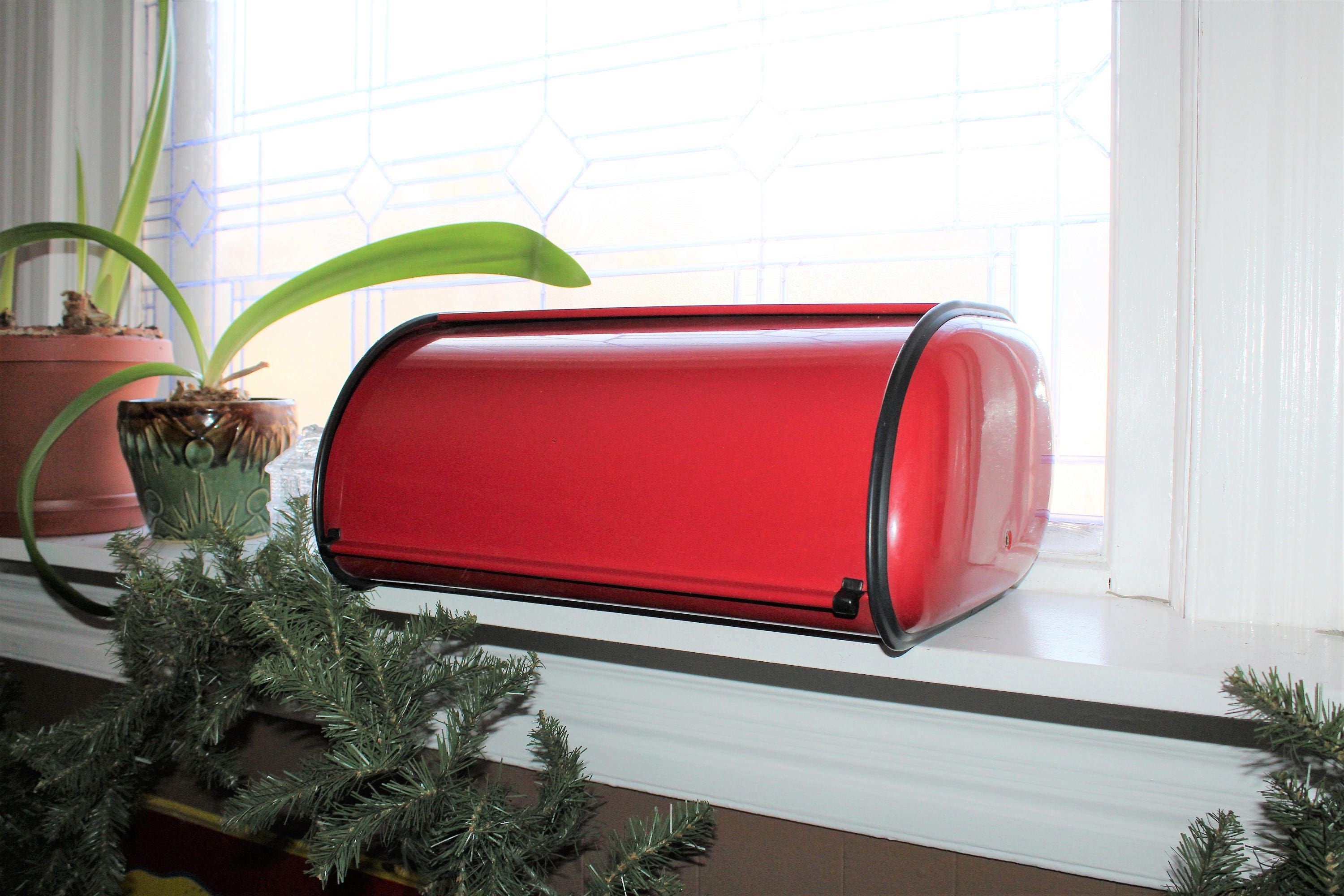 Vintage Mid Century Modern Bread Box Red Metal Kitchen Decor