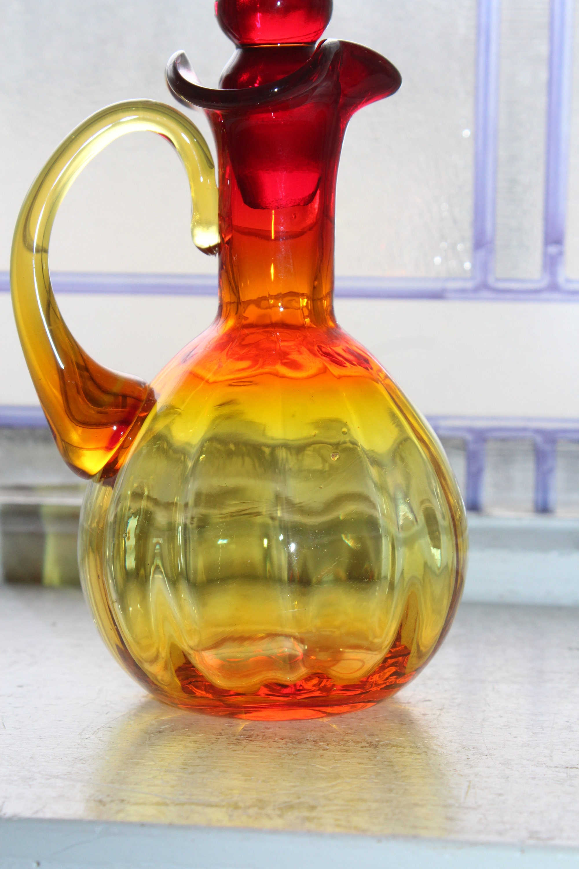 Vintage Amberina Rainbow Glass Cruet With Bubble Stopper 1960s