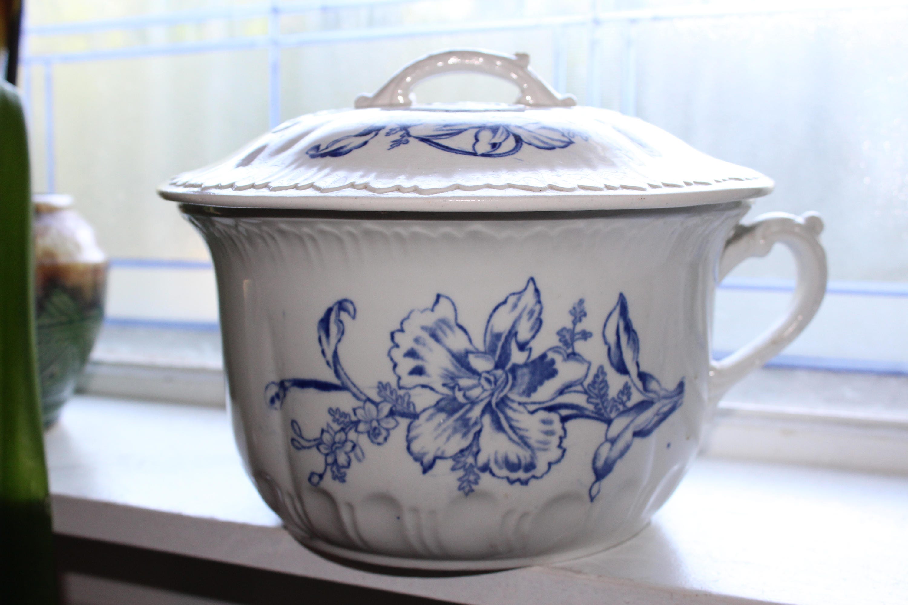Antique Chamber Pot Blue and White Ironstone 1800s Rustic Farmhouse