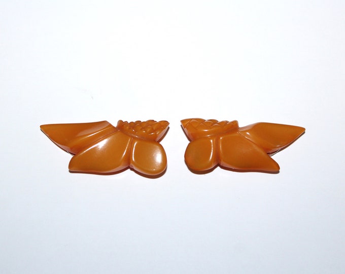 Carved Butterscotch Bakelite Dress Clip Set Vintage Art Deco