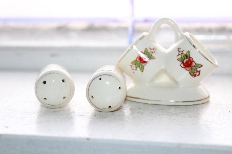 Vintage Cylinder Salt and Pepper Shakers with Holder