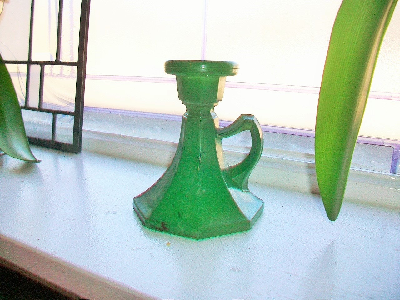 Green Glass Chamber Stick Candle Holder Vintage 1930s