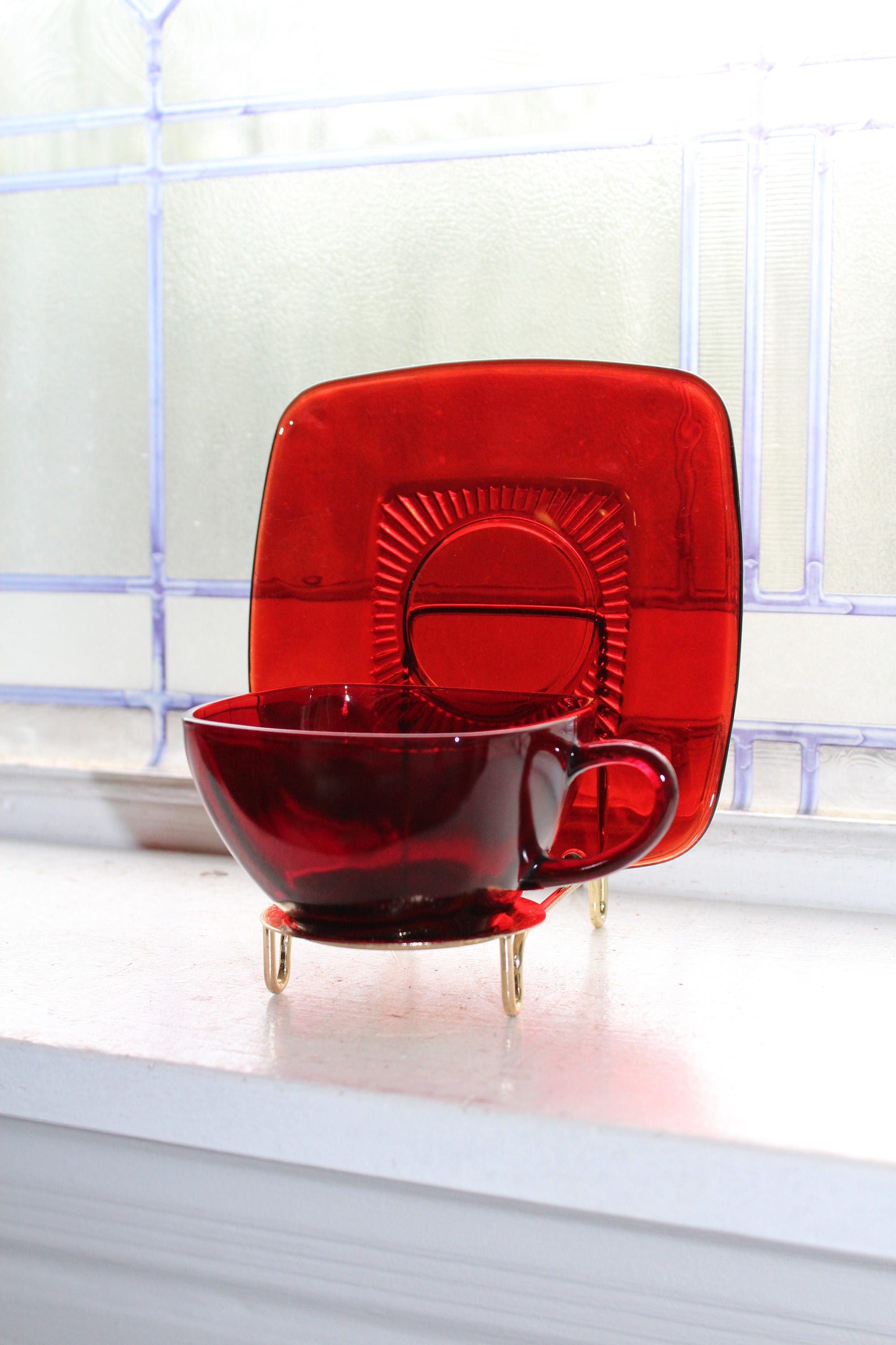 9 Royal Ruby Red Square Cup and Saucer Sets Vintage 1940s