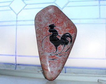 Mid Century Enamel on Copper Rooster Tray Vintage 1950s