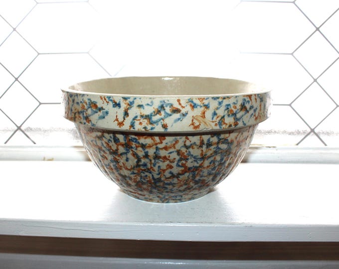 Large Antique Red Wing Spongeware Ribbed Mixing Bowl 19th Century Stoneware