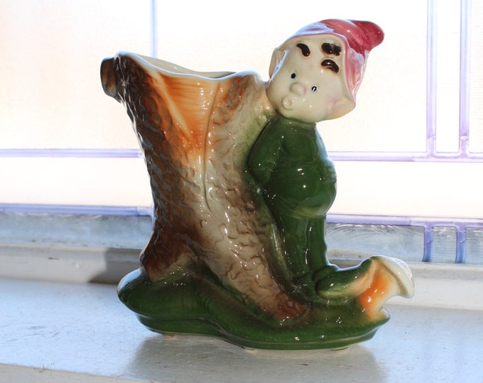 Royal Copley Elf and Stump Planter Vase Vintage 1950s