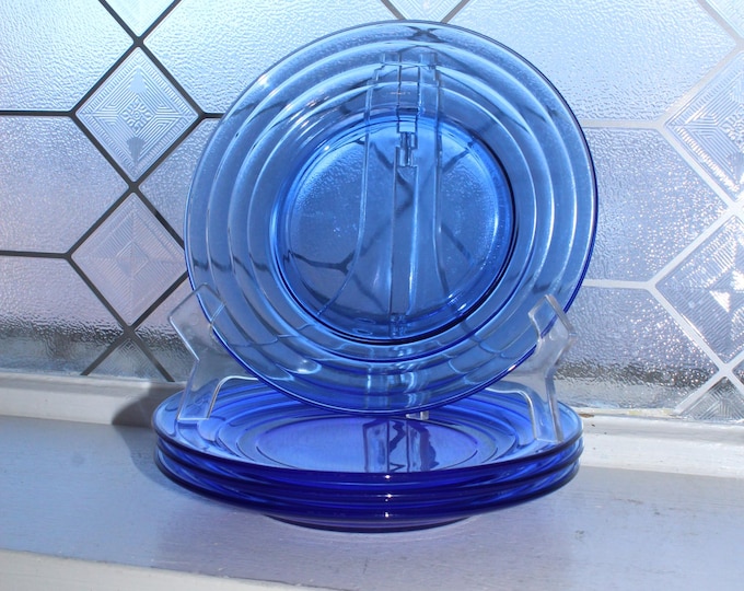 4 Vintage Art Deco Cobalt Blue Moderntone Salad Plates 1930s Glass