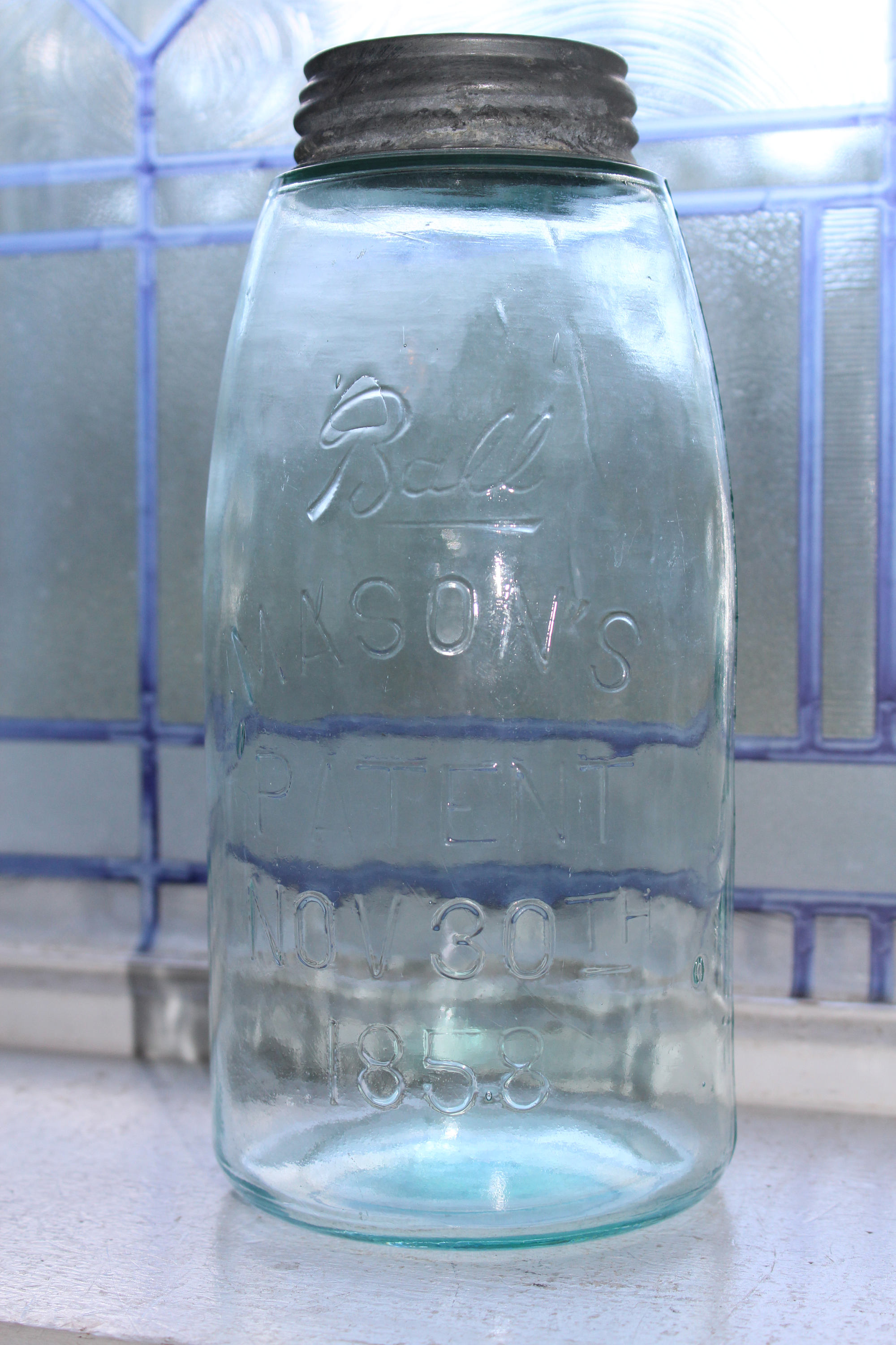 Antique Blue Canning Jar Ball Mason's Patent 1858 Half Gallon 1893 to 1896