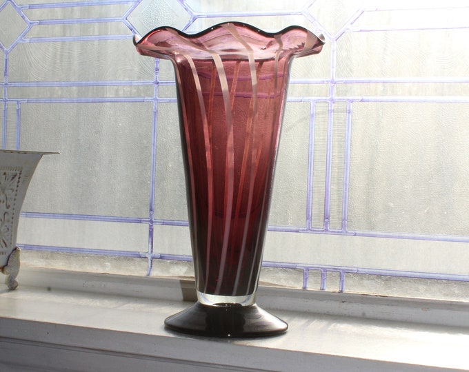 Tall Fenton Glass Amethyst Purple Vase with White Stripes