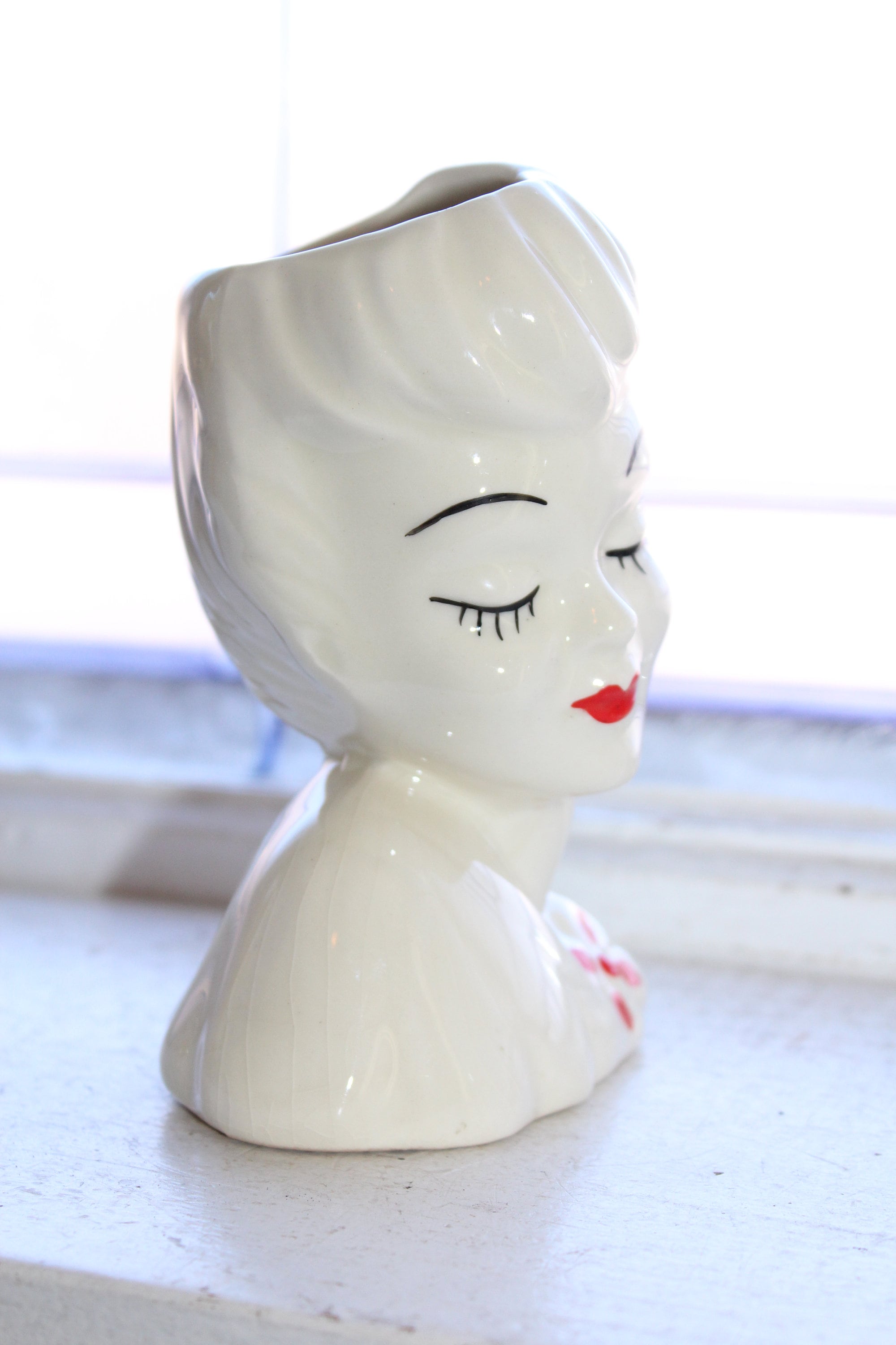 Vintage Lady Head Vase Red and White
