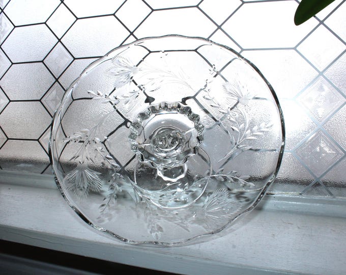 Vintage Viking Cut Glass Cake Stand Thistle Pattern with Princess Harp Stem