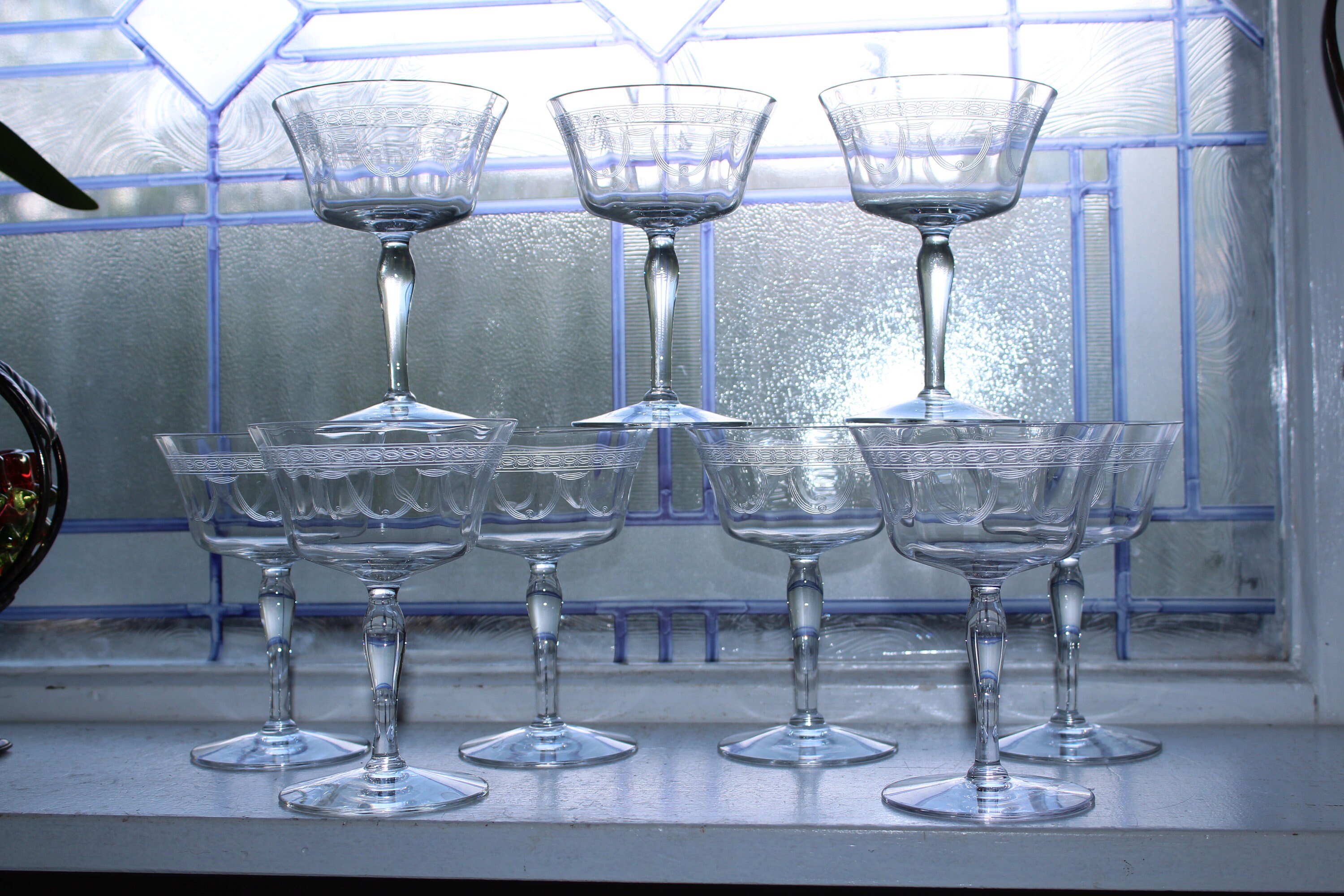 9 Art Deco Champagne Glasses or Sherbets Stemware Vintage 1920s Etched