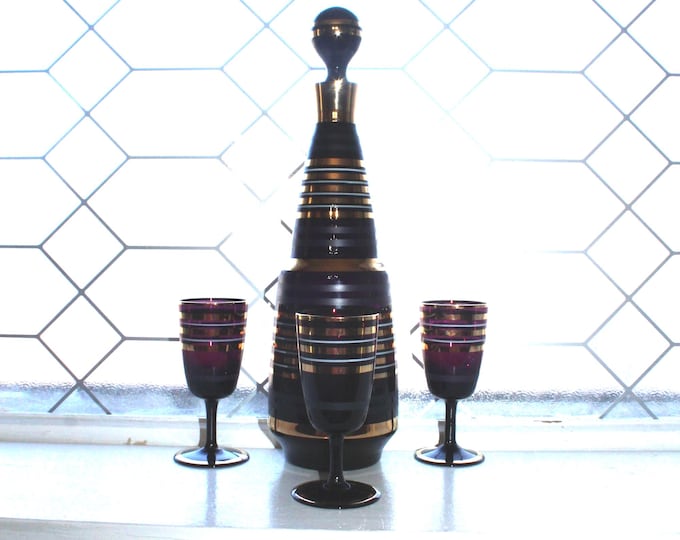 Mid Century Amethyst Purple Glass Decanter and 3 Glasses with Gold Stripes