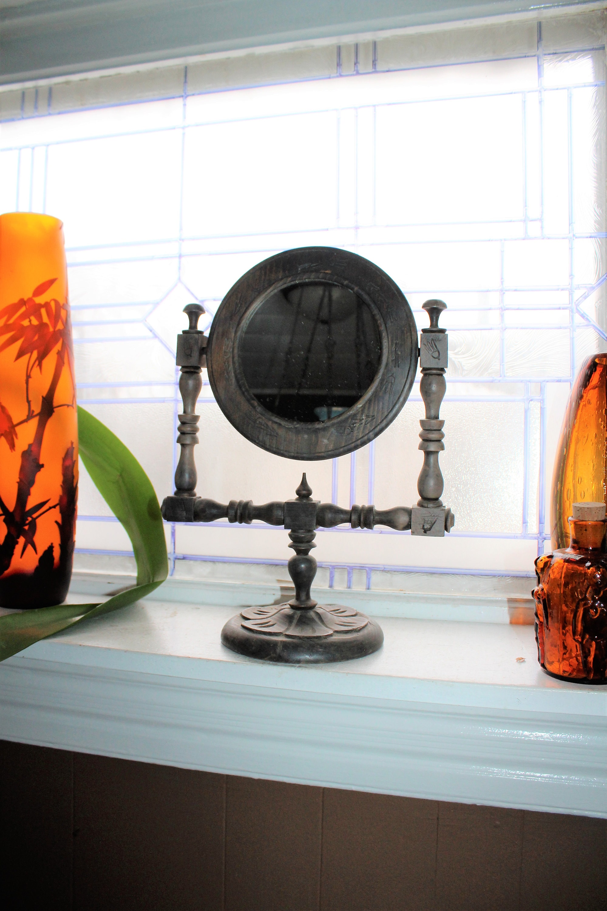 Antique Shaving Mirror Chip Carved Wood