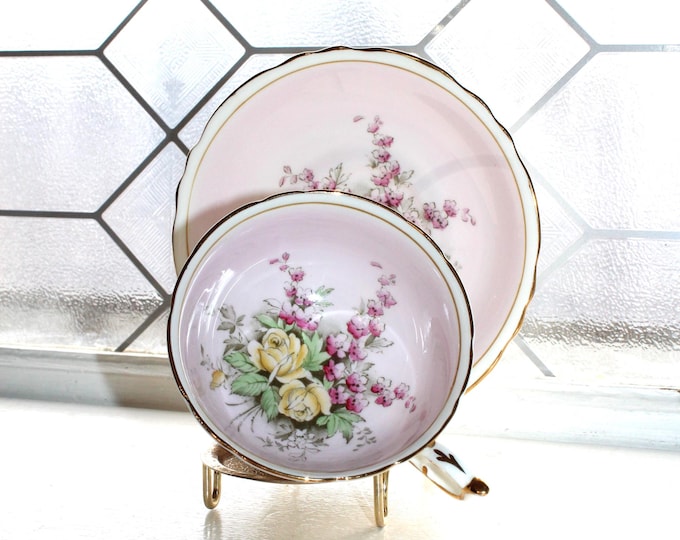 Paragon Fine Bone China Tea Cup and Saucer Yellow Roses Bouquet on Pink