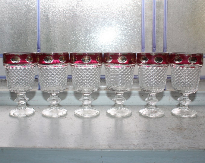 6 Vintage Cordial Glasses Gold and Ruby Flashed