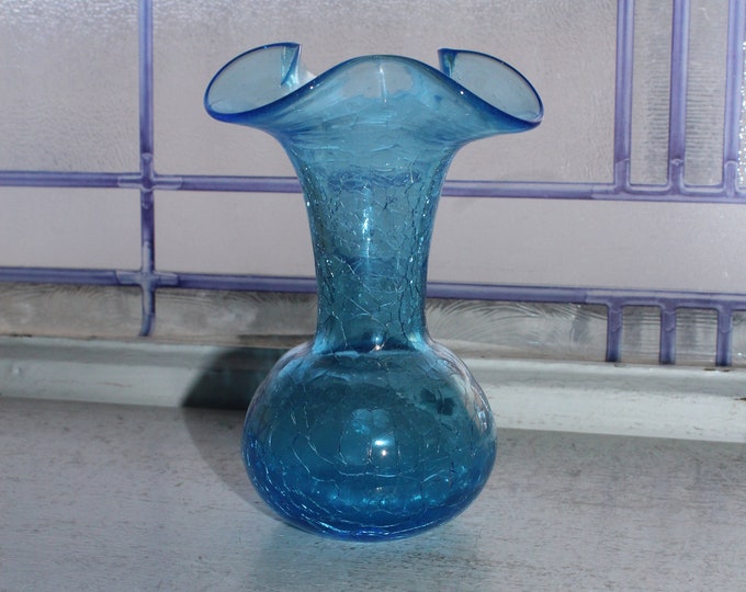 Vintage Blue Crackle Rainbow Glass Vase Mid Century Modern