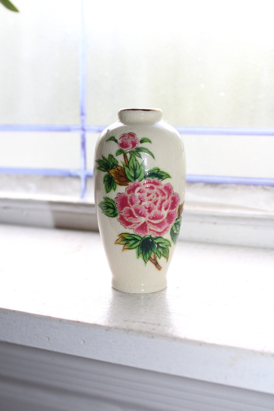 Vintage Asian Bud Vase Pink Rose Flowers With Gilt Trim on Pottery - Etsy