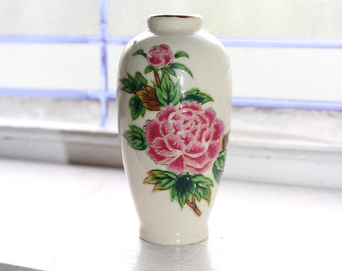 Vintage Asian Bud Vase Pink Rose Flowers with Gilt Trim On Pottery