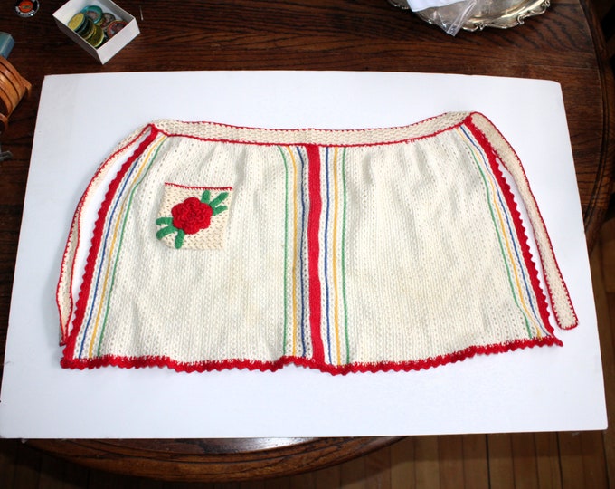 Vintage Half Apron Hand Crocheted Red and White 1950s