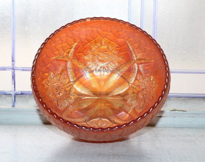 Vintage Dugan Four Flowers Carnival Glass Bowl Marigold Posy & Pods