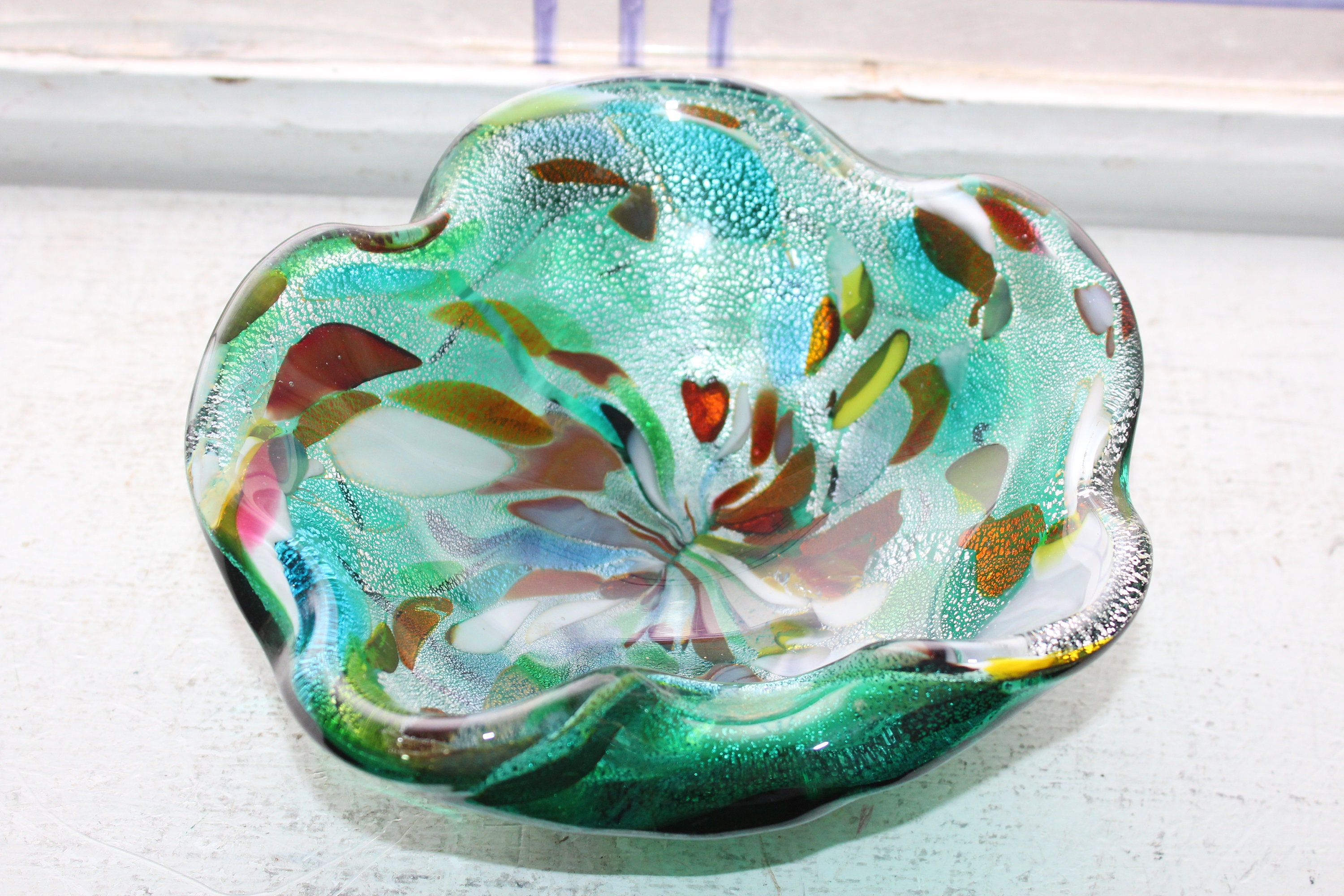 Vintage Murano Glass Bowl Free Form Silver Mica and Green