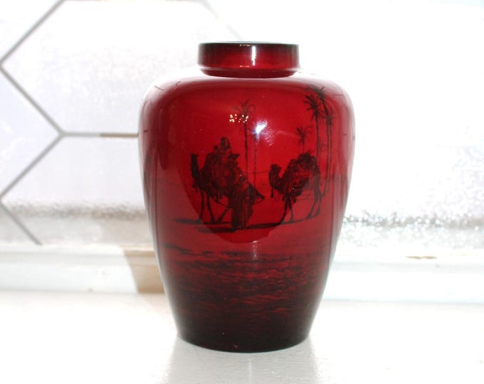 Antique Royal Doulton Deep Red Flambe Vase Arabs Camels Oasis Scene