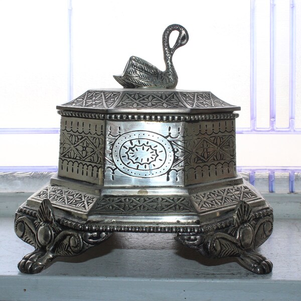 Large Silver Metal Box Casket with Swan Finial Tea Caddy