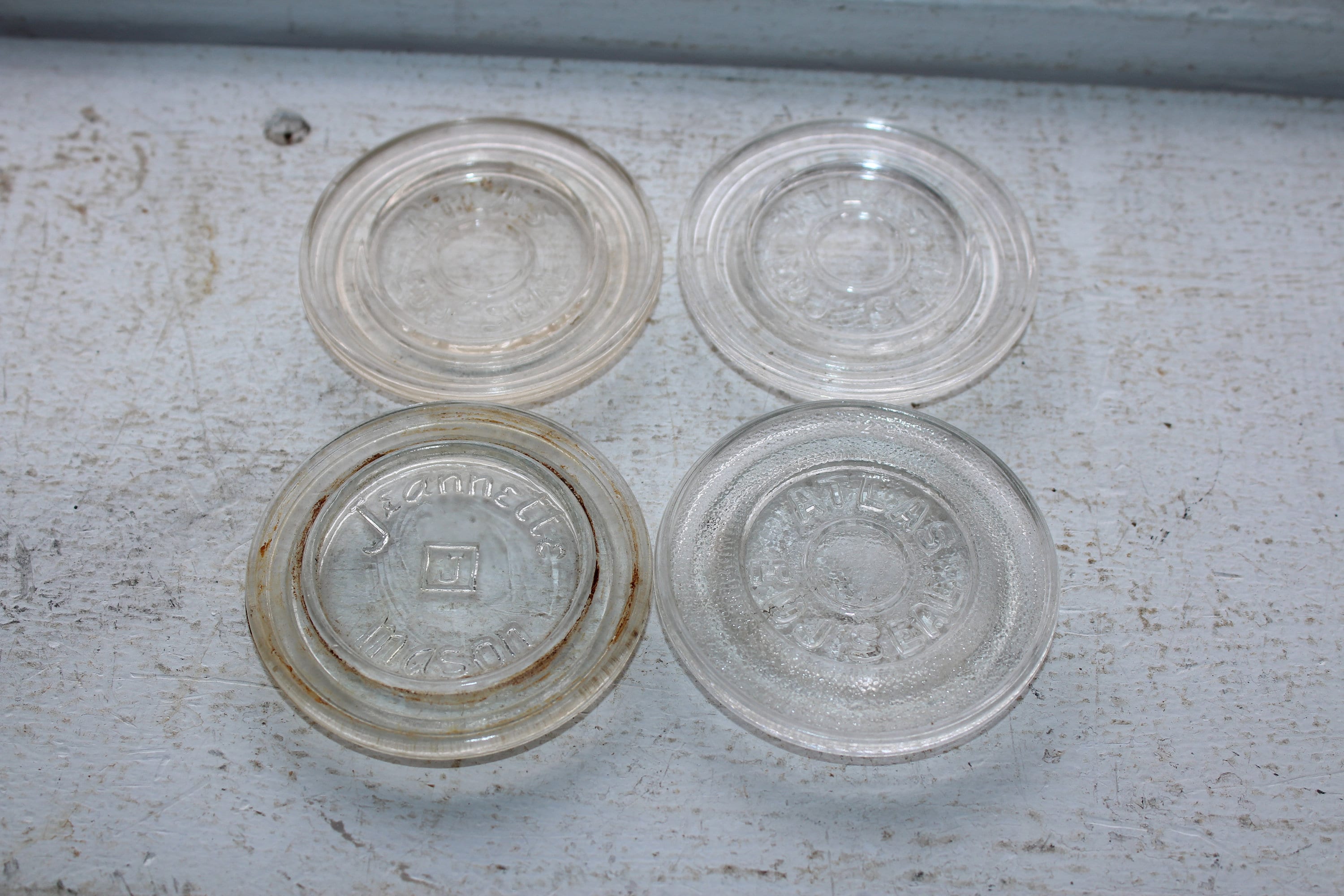 4 Vintage Mason Jar Lid Inserts Clear Glass Atlas