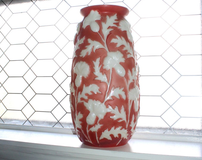 Monumental Phoenix Sculptured Art Glass Floor Vase Pearlized Thistle Red & White Huge