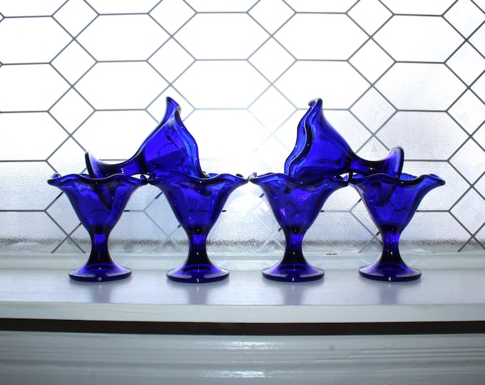 6 Vintage Italian Cobalt Blue Glass Dessert Parfait Dishes